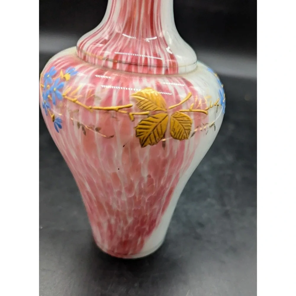 Vintage Bohemian Czech Art Glass Cased Pink Blue Vase Gold Leaf Enamel 6